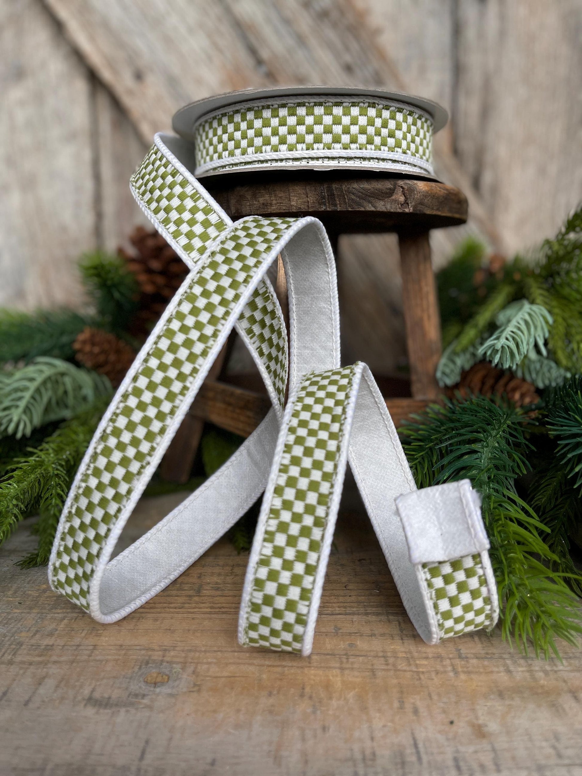1" Moss Green Check Ribbon, Farrisilk Ribbon, Olive Green Check Ribbon, Kitschy Checks, Christmas Ribbon, Fall Ribbon, RK848-76