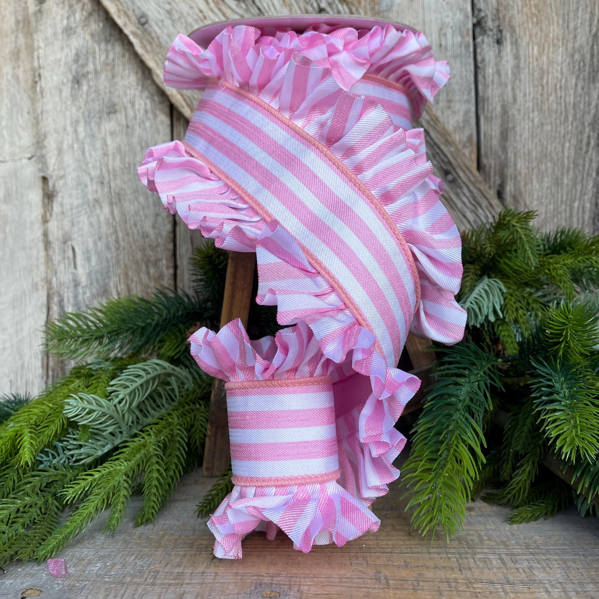 4.5" Pink Ruffle Ribbon, Farrisilk Ribbon, Pink Candy Wrap Ruffle