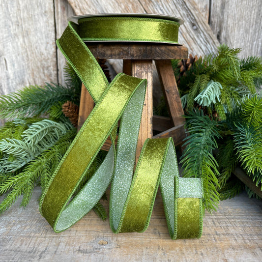 1" Forest Green Velvet Ribbon, Farrisilk Ribbon, Green Ribbon, Christmas Ribbon, Plush Stardust ribbon, Moss Green Designer Ribbon, RS206-45