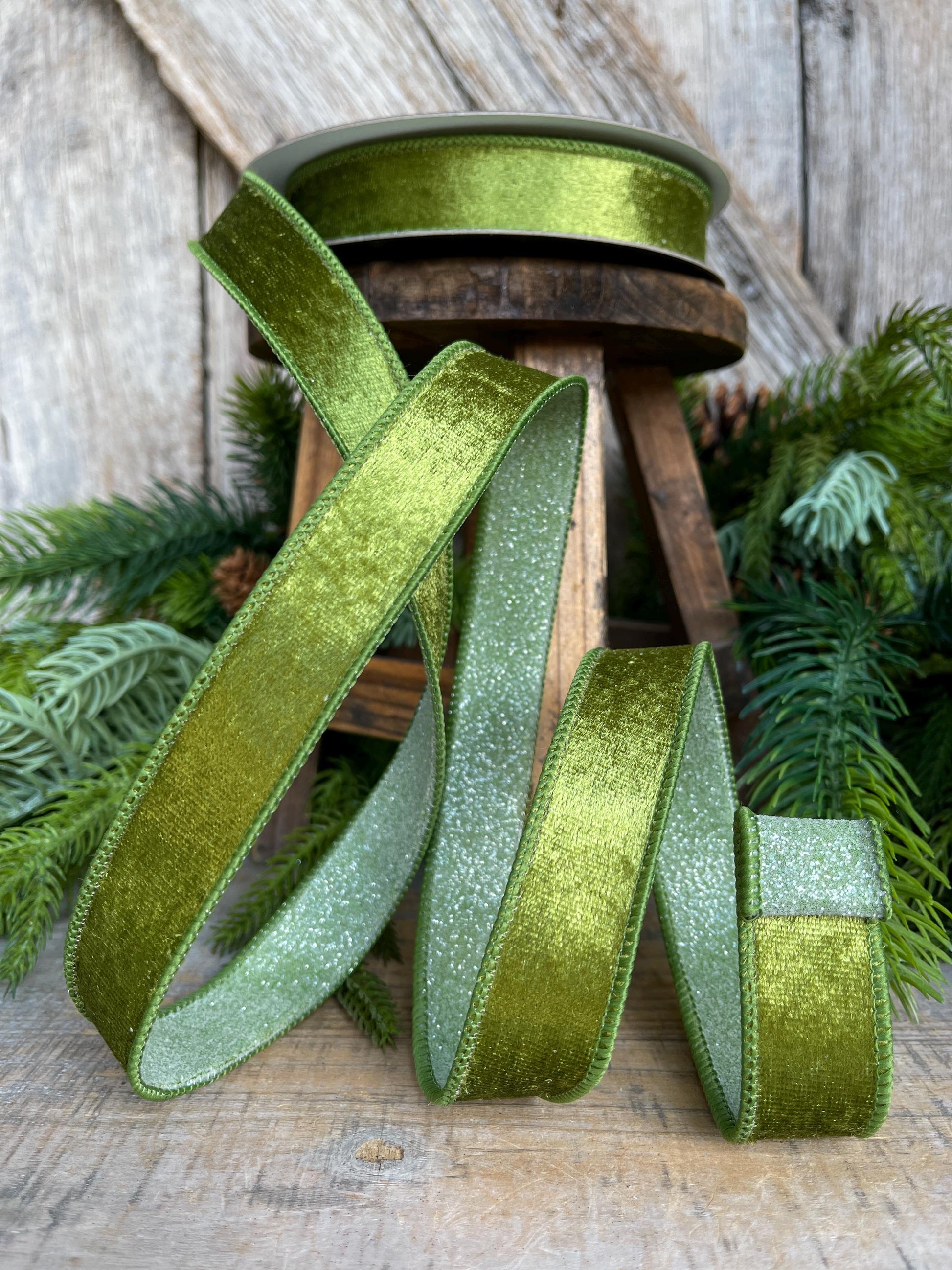 1" Forest Green Velvet Ribbon, Farrisilk Ribbon, Green Ribbon, Christmas Ribbon, Plush Stardust ribbon, Moss Green Designer Ribbon, RS206-45