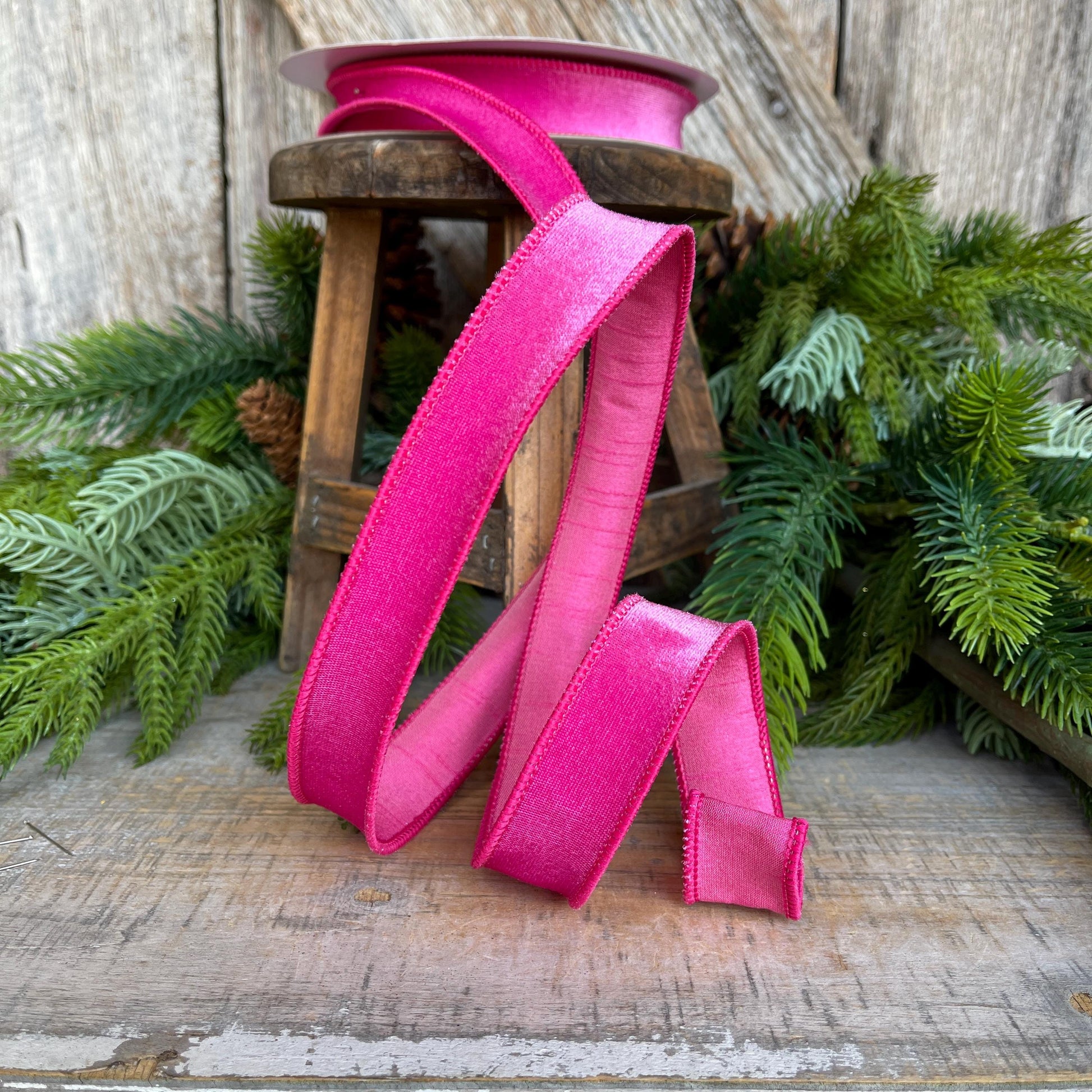 1" Bubblegum Pink Velveteen Ribbon, Farrisilk Ribbon, Pink Velvet Ribbon