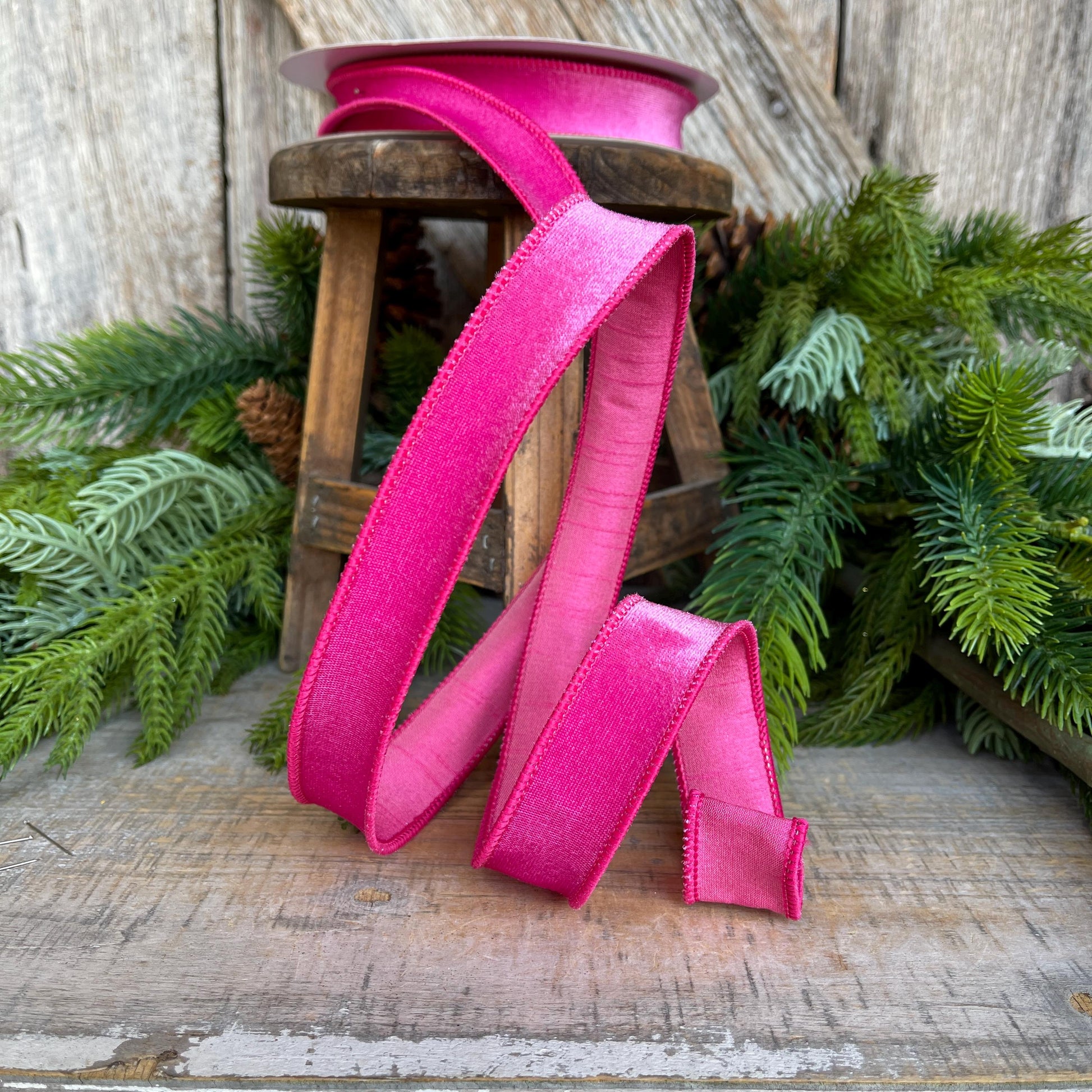 1" Bubblegum Pink Velveteen Ribbon, Farrisilk Ribbon, Pink Velvet Ribbon