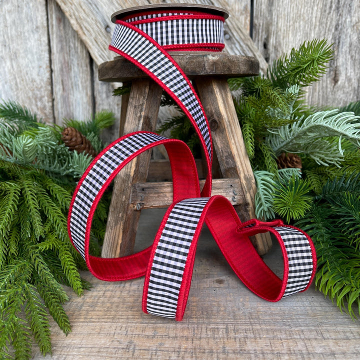 1" Red &amp; Black White Mini Checkered Ribbon, Check Ribbon, Narrow Ribbon