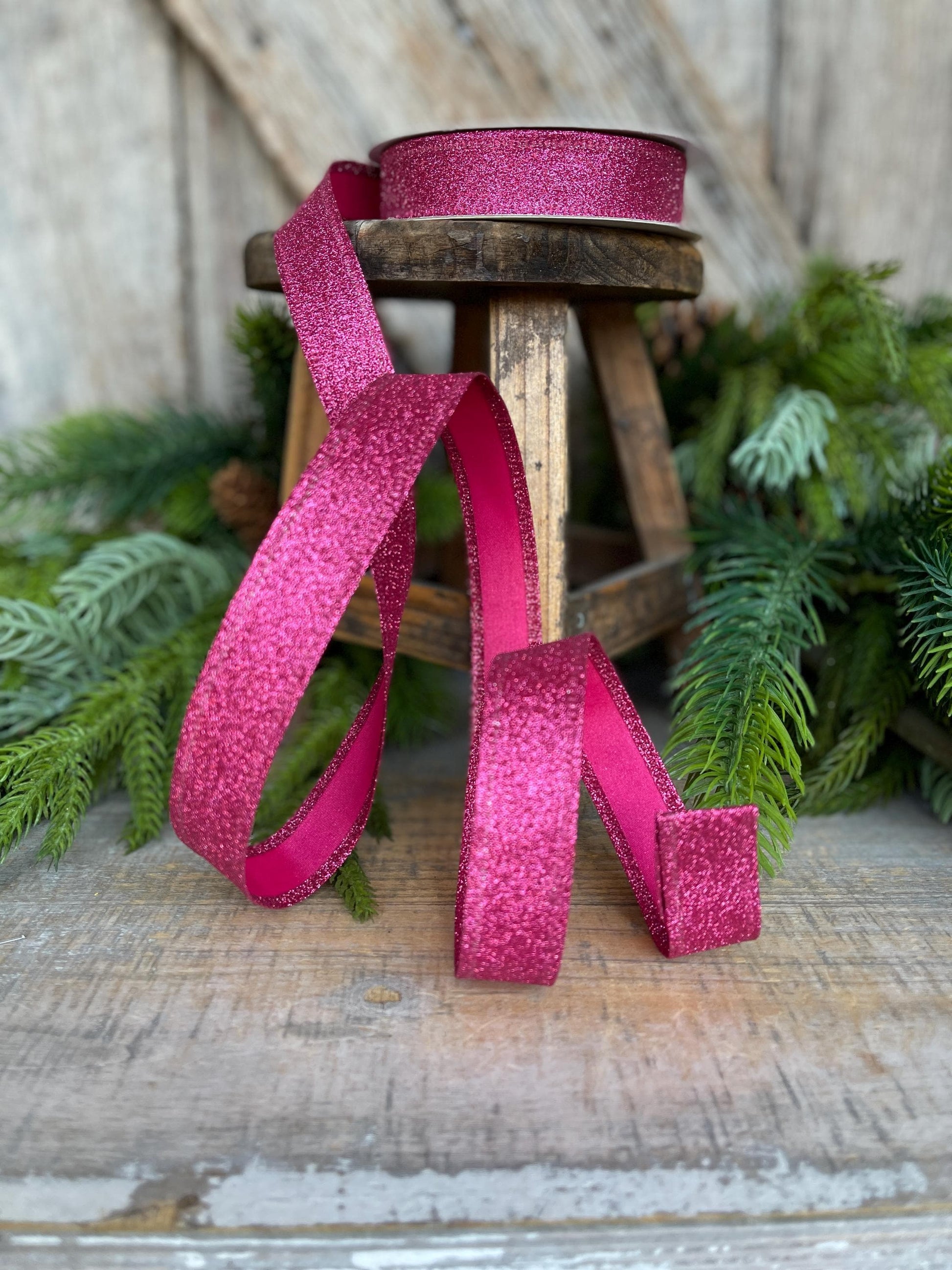 7/8" Hot Pink Glitter Ribbon, Wired Ribbon, Hot Pink RIbbon