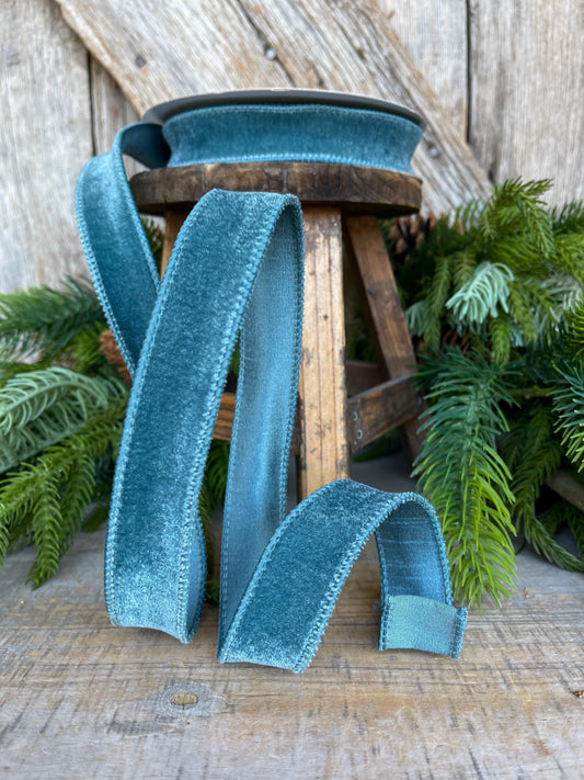 1" Blue Velveteen Ribbon, Farrisilk Ribbon, Celadon Ribbon, Fall Ribbon, Christmas Ribbon, Narrow Ribbon, RS267-75
