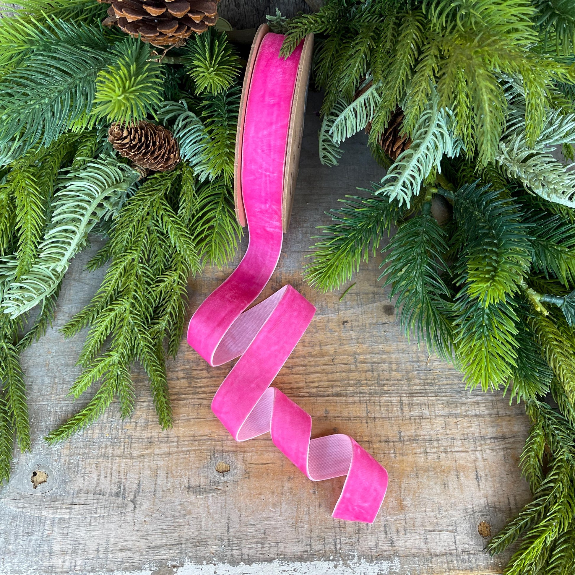 1" Hot Pink Unwired Velvet Ribbon, Christmas Bow Ribbon, Pink Velvet Ribbon