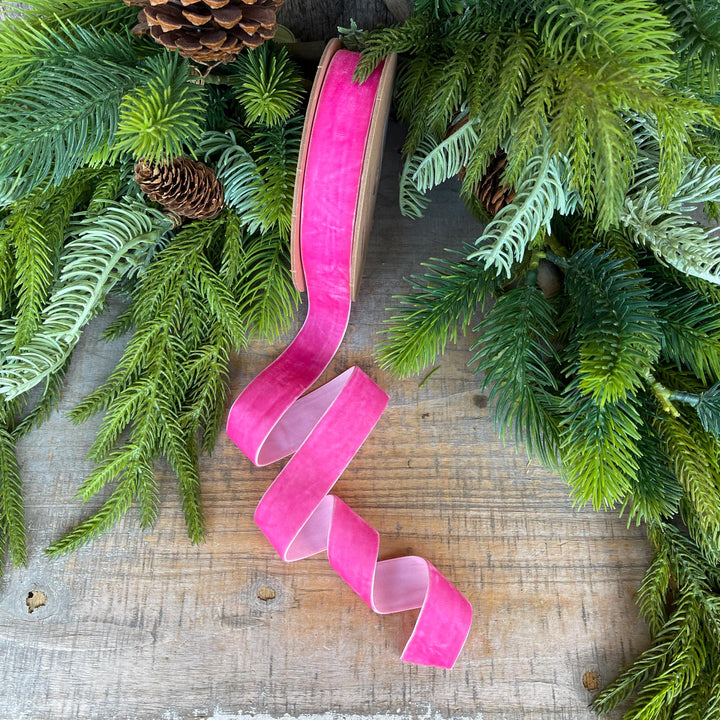 1" Hot Pink Unwired Velvet Ribbon, Christmas Bow Ribbon, Pink Velvet Ribbon