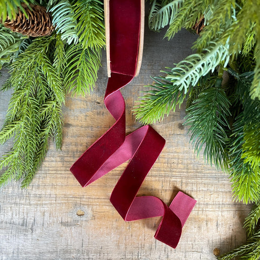 1" Burgundy Unwired Velvet Ribbon, Christmas Bow Ribbon, Maroon Velvet Ribbon