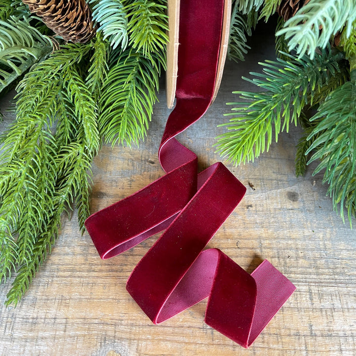 1" Burgundy Unwired Velvet Ribbon, Christmas Bow Ribbon, Maroon Velvet Ribbon