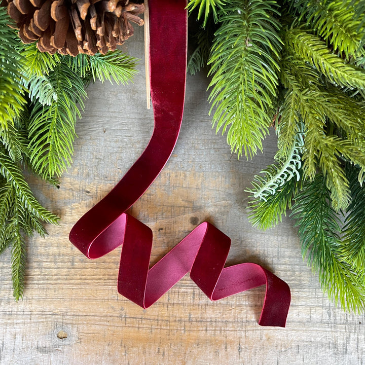 1" Burgundy Unwired Velvet Ribbon, Christmas Bow Ribbon, Maroon Velvet Ribbon