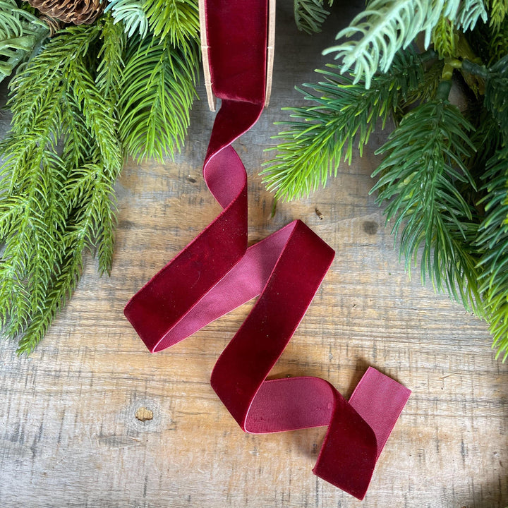 1" Burgundy Unwired Velvet Ribbon, Christmas Bow Ribbon, Maroon Velvet Ribbon