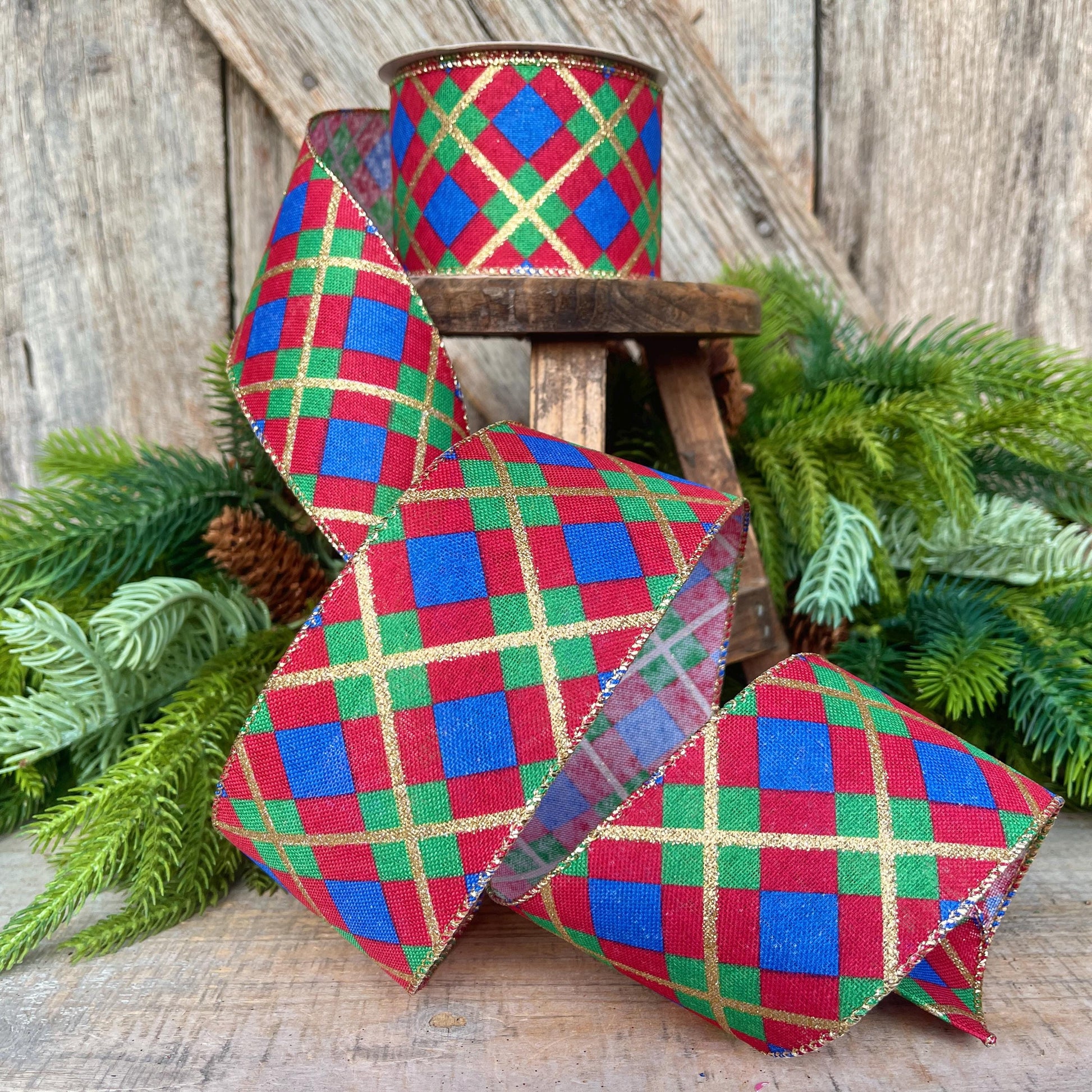 2.5" Blue Christmas Plaid Ribbon, Red Blue Green Gold Georgina Plaid Ribbon, Christmas plaid Ribbon, Christmas Tree Ribbon