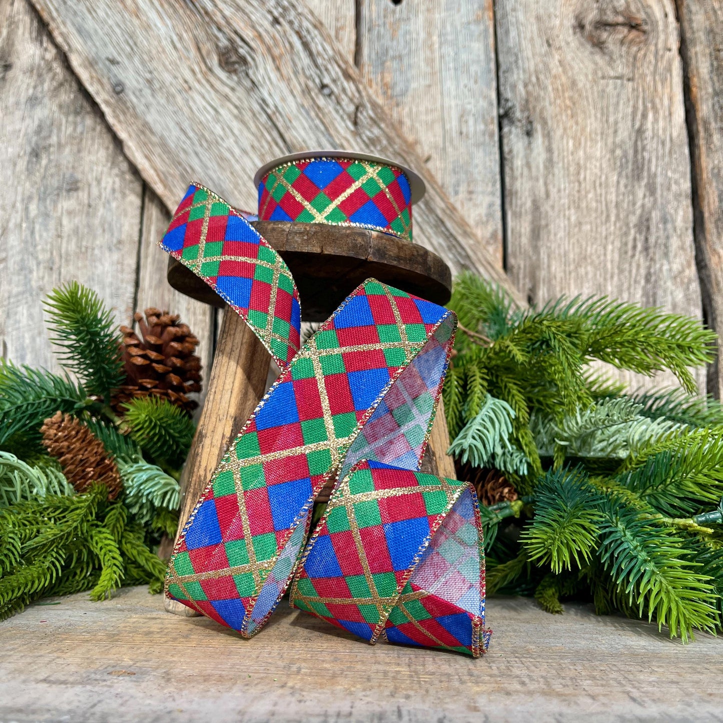 1.5" Blue Christmas Plaid Ribbon, Red Blue Green Gold Georgina Plaid Ribbon, Christmas plaid Ribbon, Christmas Tree Ribbon