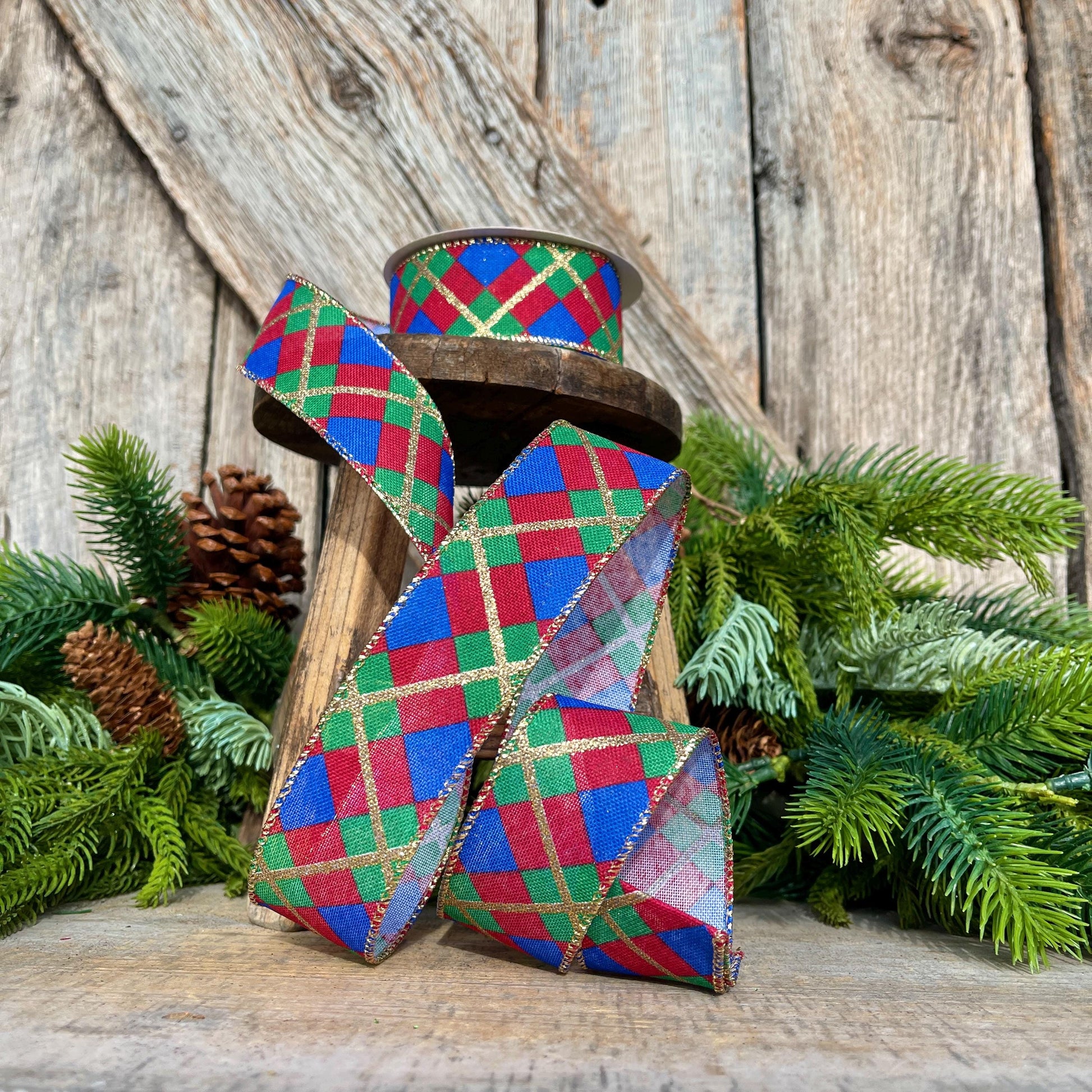 1.5" Blue Christmas Plaid Ribbon, Red Blue Green Gold Georgina Plaid Ribbon, Christmas plaid Ribbon, Christmas Tree Ribbon