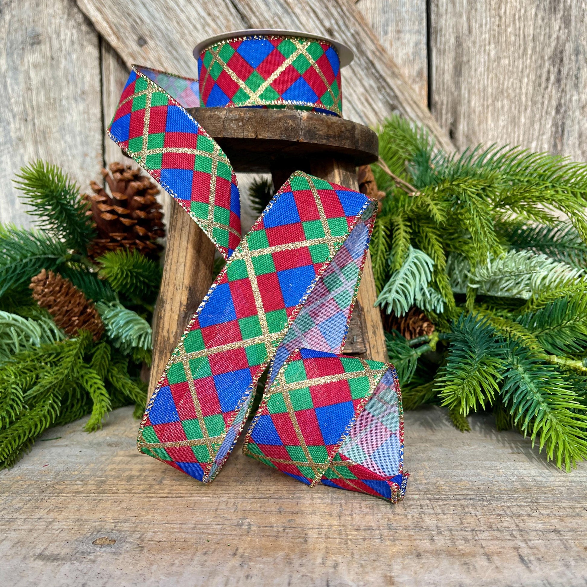1.5" Blue Christmas Plaid Ribbon, Red Blue Green Gold Georgina Plaid Ribbon, Christmas plaid Ribbon, Christmas Tree Ribbon