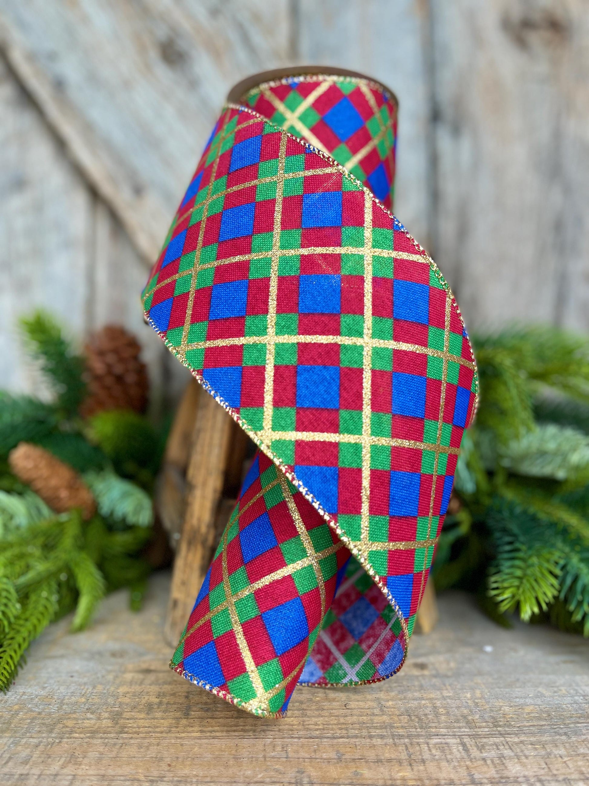 4" Blue Christmas Plaid Ribbon, Red Blue Green Gold Georgina Plaid Ribbon, Christmas plaid Ribbon, Christmas Tree Ribbon