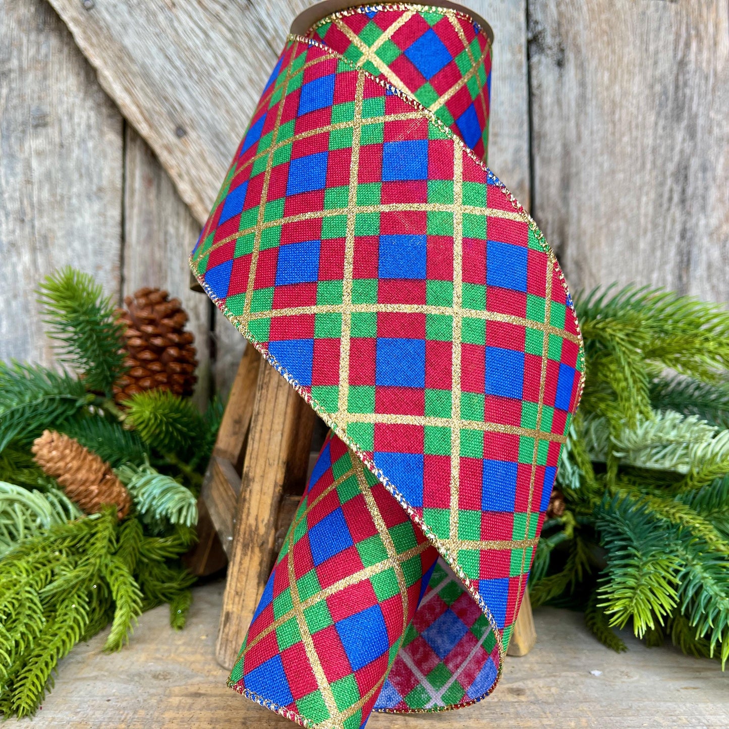 4" Blue Christmas Plaid Ribbon, Red Blue Green Gold Georgina Plaid Ribbon, Christmas plaid Ribbon, Christmas Tree Ribbon