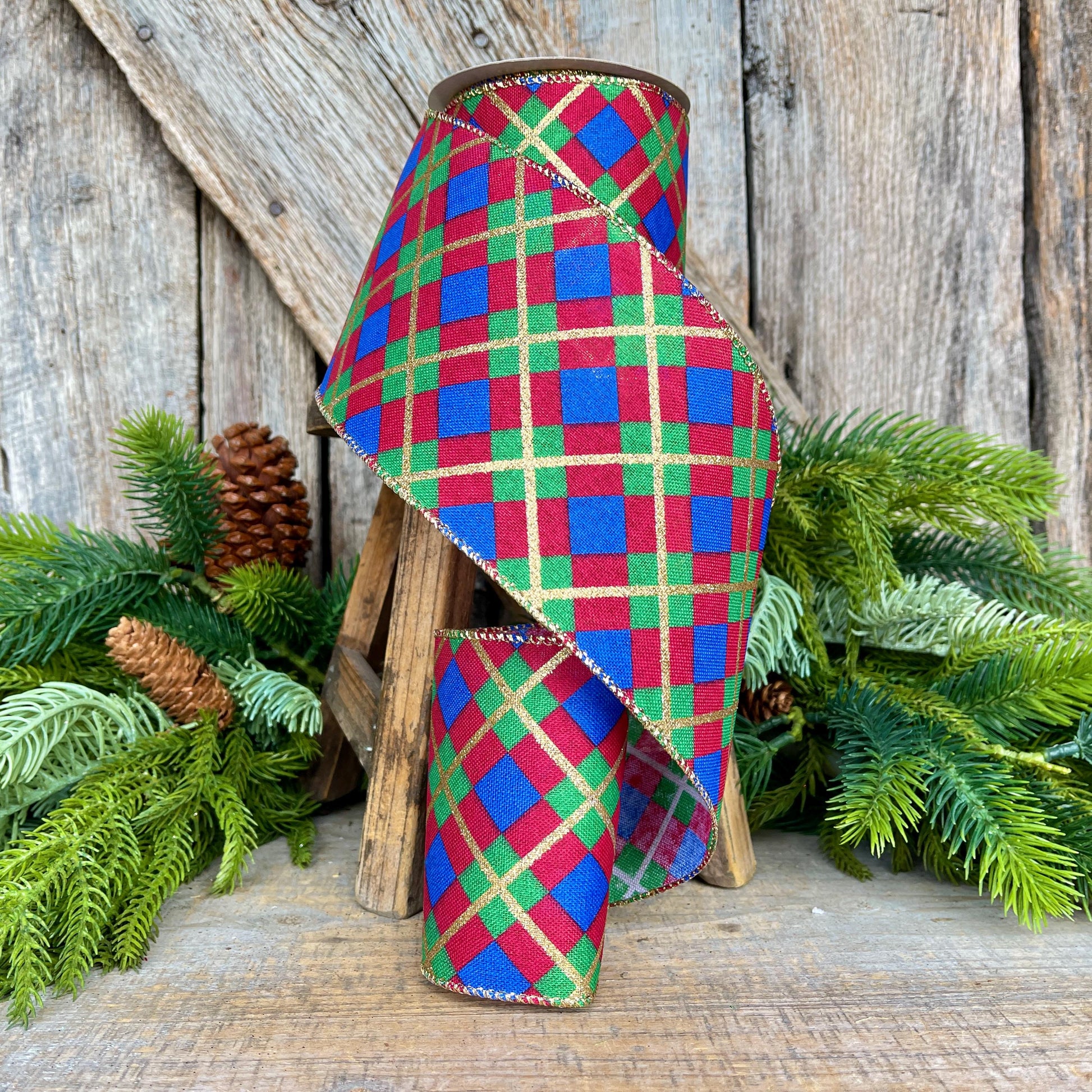 4" Blue Christmas Plaid Ribbon, Red Blue Green Gold Georgina Plaid Ribbon, Christmas plaid Ribbon, Christmas Tree Ribbon