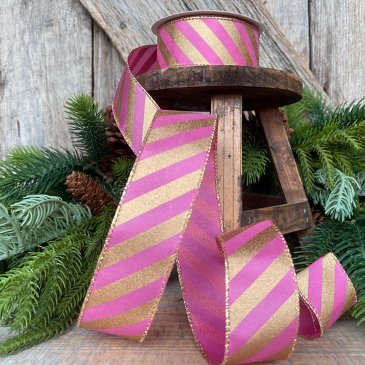 1.5" Pink Gold Ribbon, Pink & Gold Diagonal Stripe Ribbon, CHristmas Ribbon, Pink Ribbon, Metallic Gold, Christmas Tree Ribbon, Gift Wrap