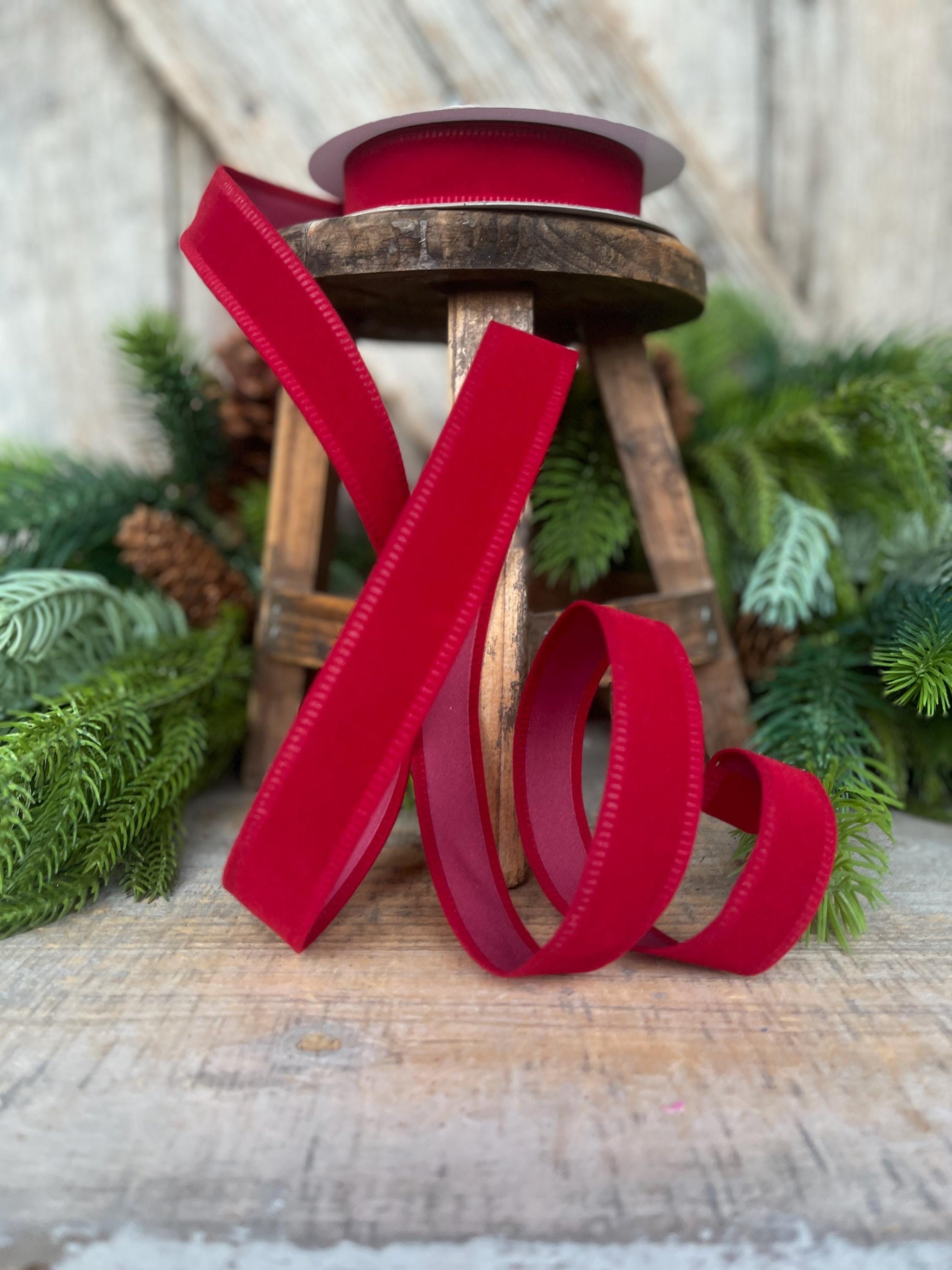 7/8" Red Velvet Ribbon, Deep Red Ribbon, Flocked Ribbon, Narrow Ribbon, Christmas Ribbon, Gift Wrap Ribbon