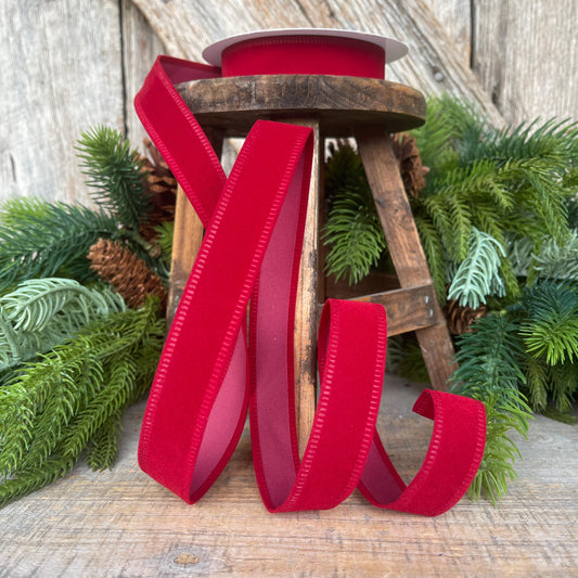7/8" Red Velvet Ribbon, Deep Red Ribbon, Flocked Ribbon, Narrow Ribbon, Christmas Ribbon, Gift Wrap Ribbon