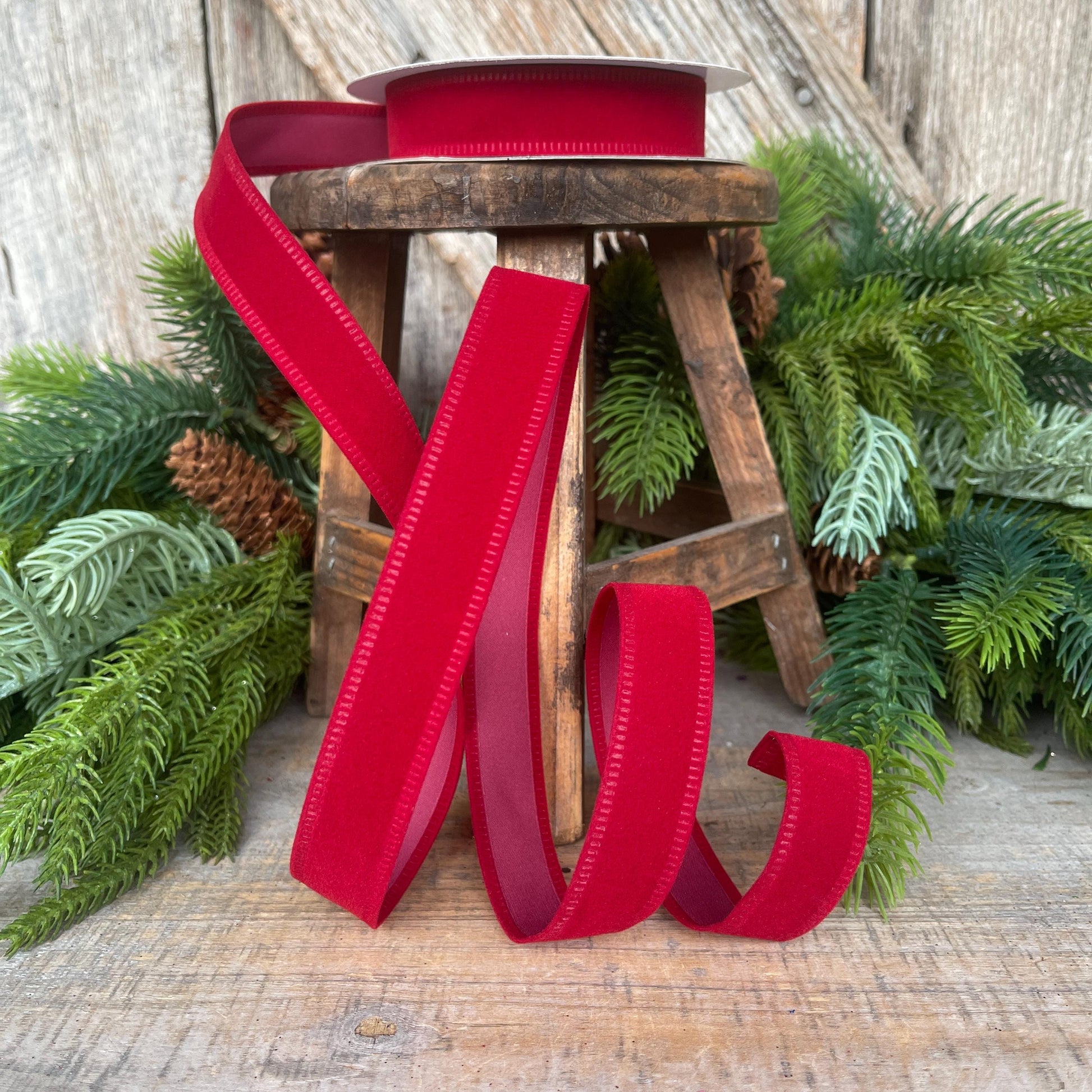 7/8" Red Velvet Ribbon, Deep Red Ribbon, Flocked Ribbon, Narrow Ribbon, Christmas Ribbon, Gift Wrap Ribbon