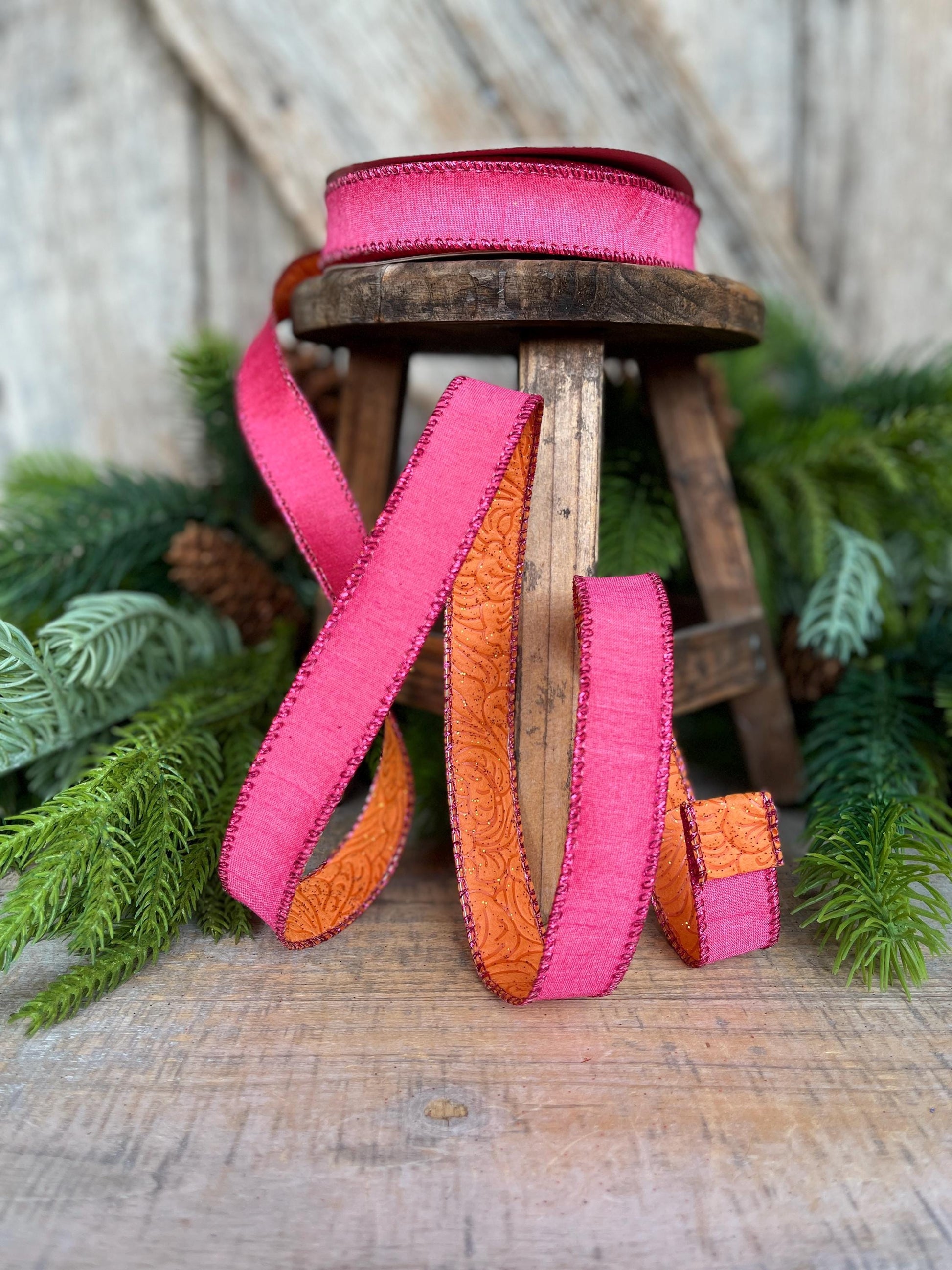 7/8" Pink Orange Ribbon, Hot Pink Ribbon, Wired Ribbon, Double sided ribbon Ribbon, Pink Orange Ribbon, D61532-05-28