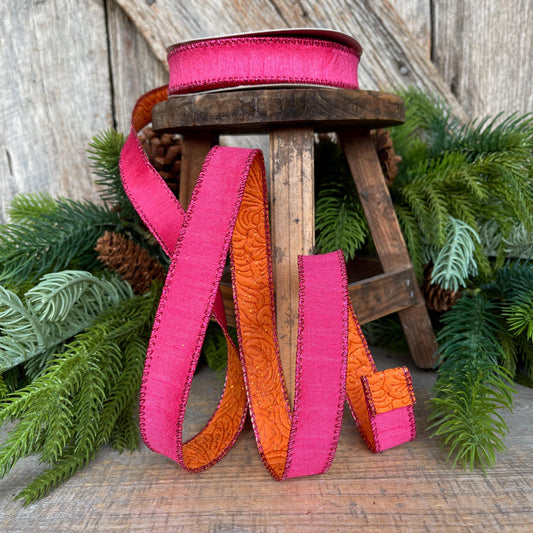 7/8" Pink Orange Ribbon, Hot Pink Ribbon, Wired Ribbon, Double sided ribbon Ribbon, Pink Orange Ribbon, D61532-05-28