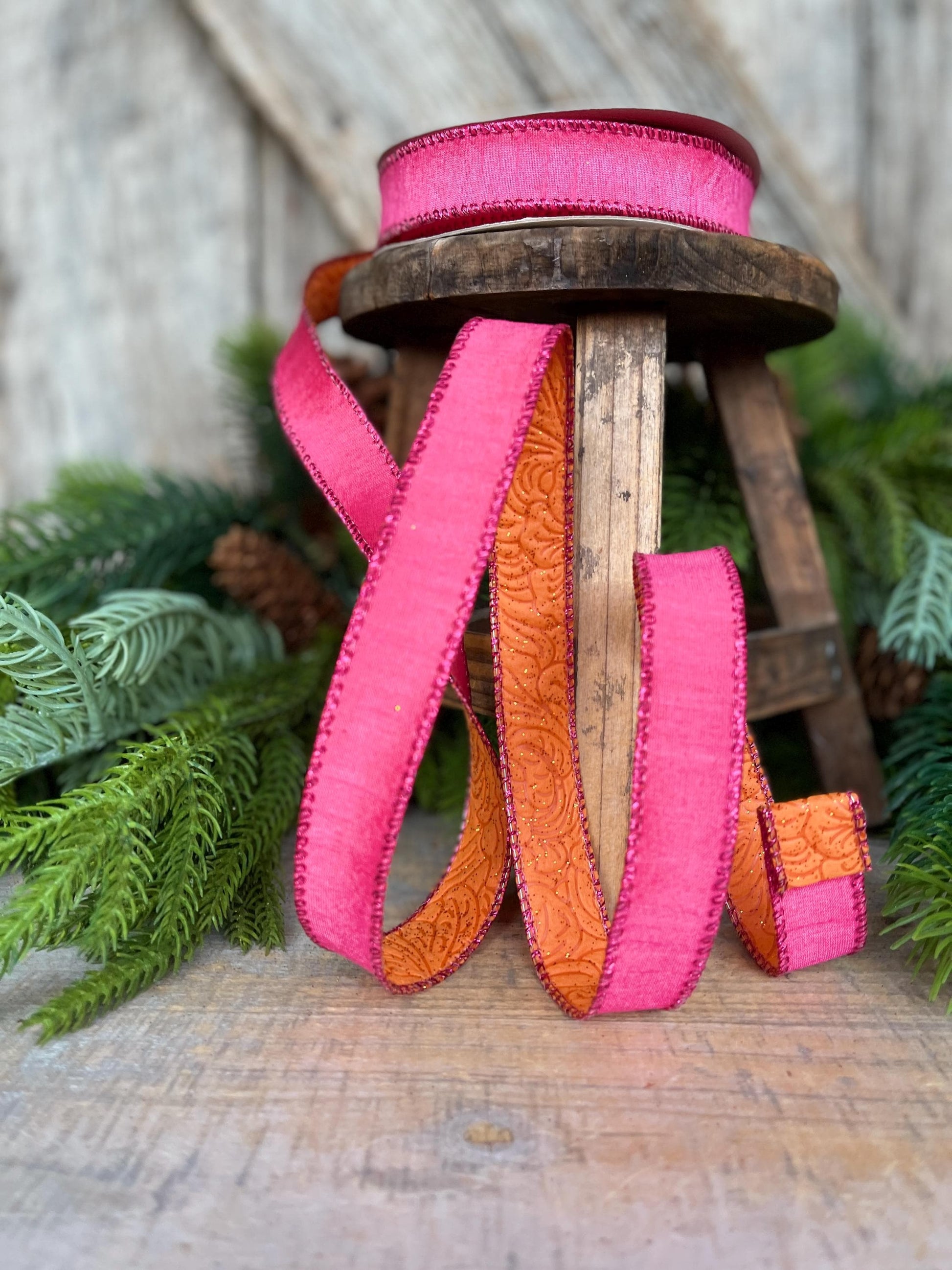7/8" Pink Orange Ribbon, Hot Pink Ribbon, Wired Ribbon
