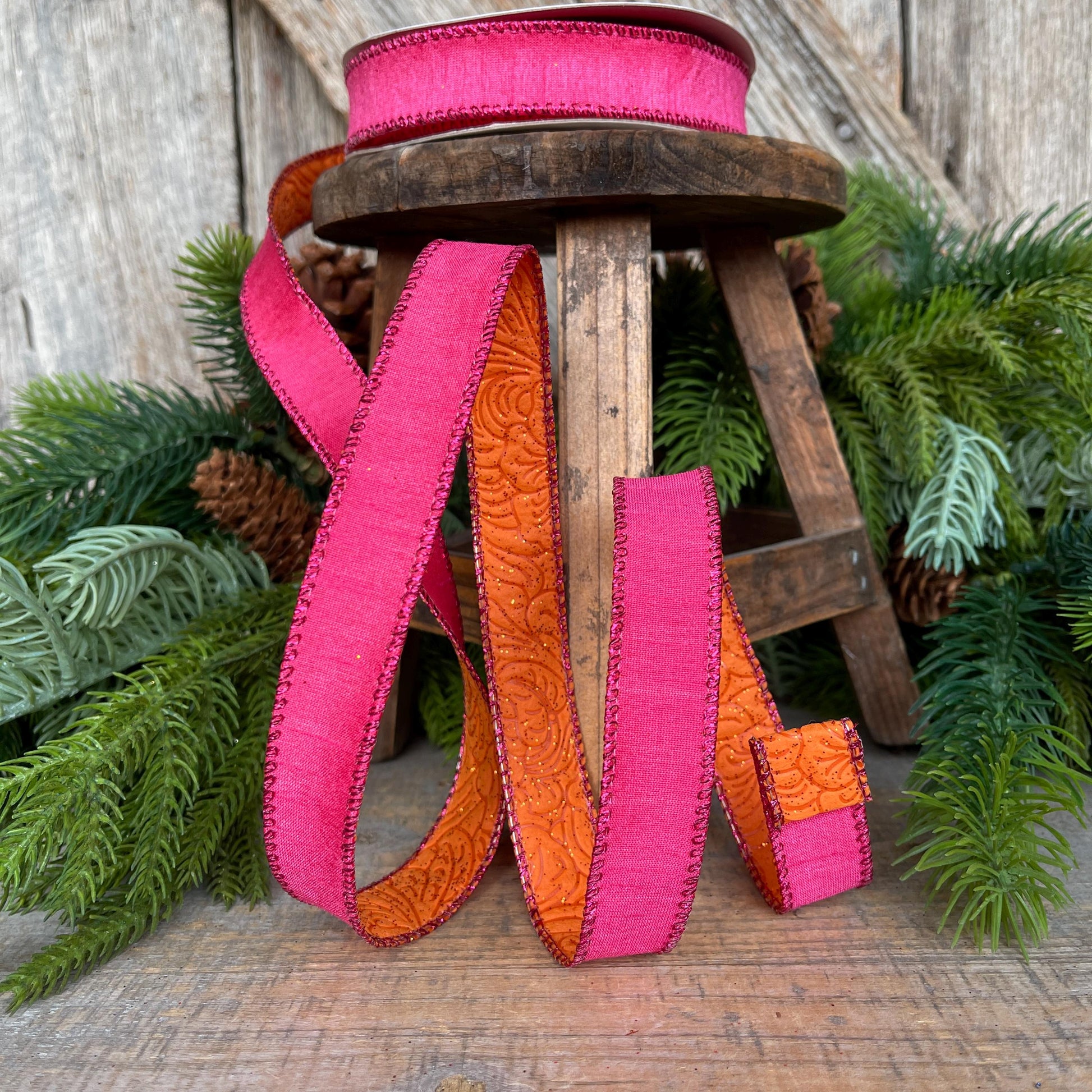 7/8" Pink Orange Ribbon, Hot Pink Ribbon, Wired Ribbon, Double sided ribbon Ribbon, Pink Orange Ribbon, D61532-05-28
