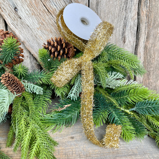 7/8" Gold Tinsel Ribbon, Gold Ribbon, Christmas Ribbon, Narrow Ribbon, Gift Wrap RIbbon, Designer Christmas, 77460-05-15