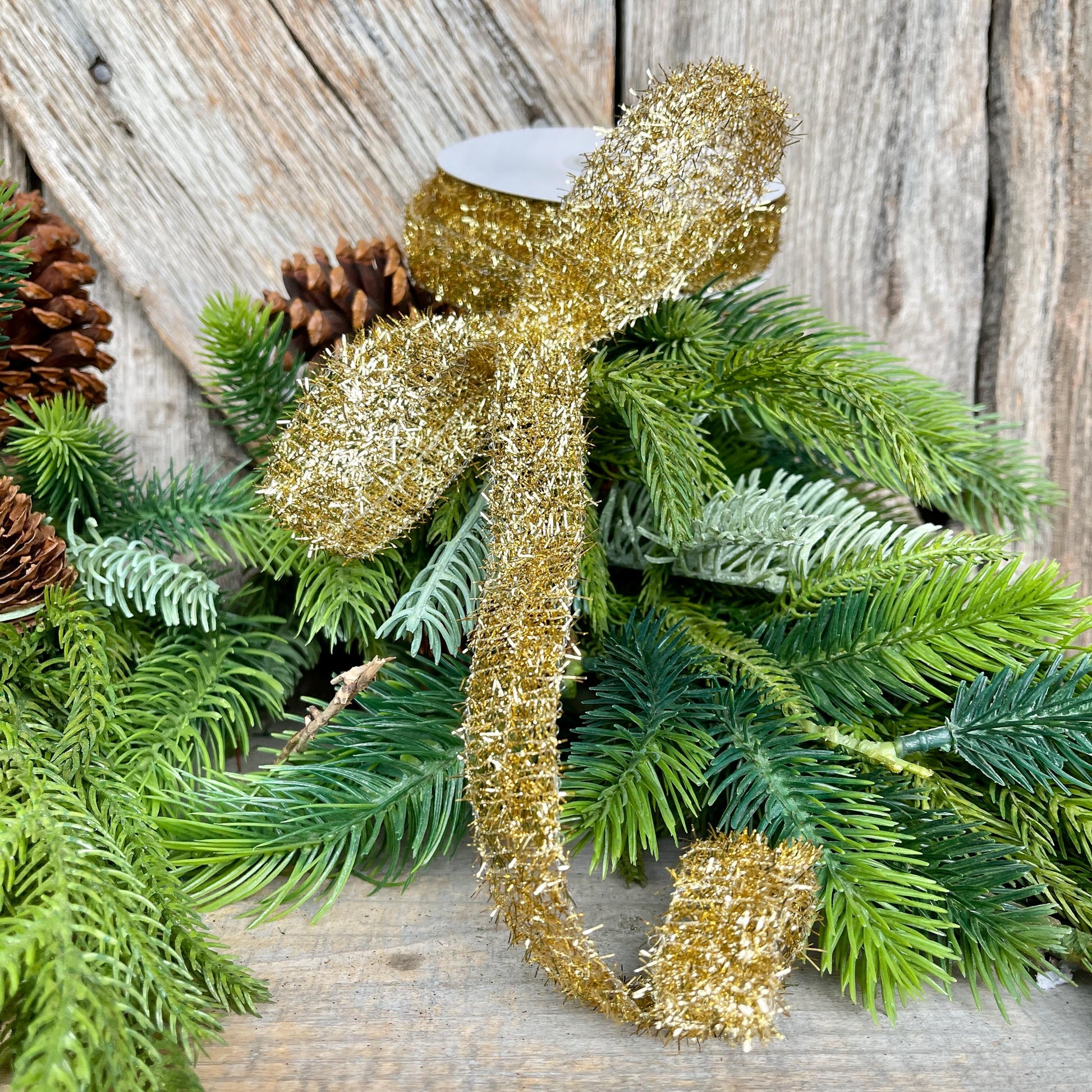 7/8" Gold Tinsel Ribbon, Gold Ribbon, Christmas Ribbon, Narrow Ribbon, Gift Wrap RIbbon, Designer Christmas, 77460-05-15