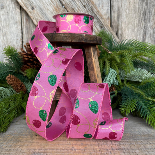 1.5" Pink Christmas Ribbon, Christmas Lights Ribbon, Bubblegum Pink Ribbon, vintage christmas lights, Christmas tree ribbon, 72506-09-44