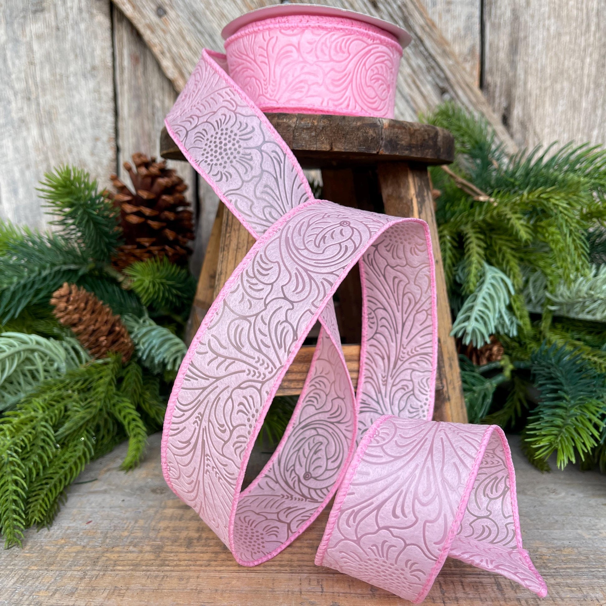 1.5" Light Pink Embossed Ribbon, Pink Ribbon, Christmas Ribbon, Gift Wrap Ribbon, Wreath Ribbon, Pink Christmas Ribbon, 984209-03