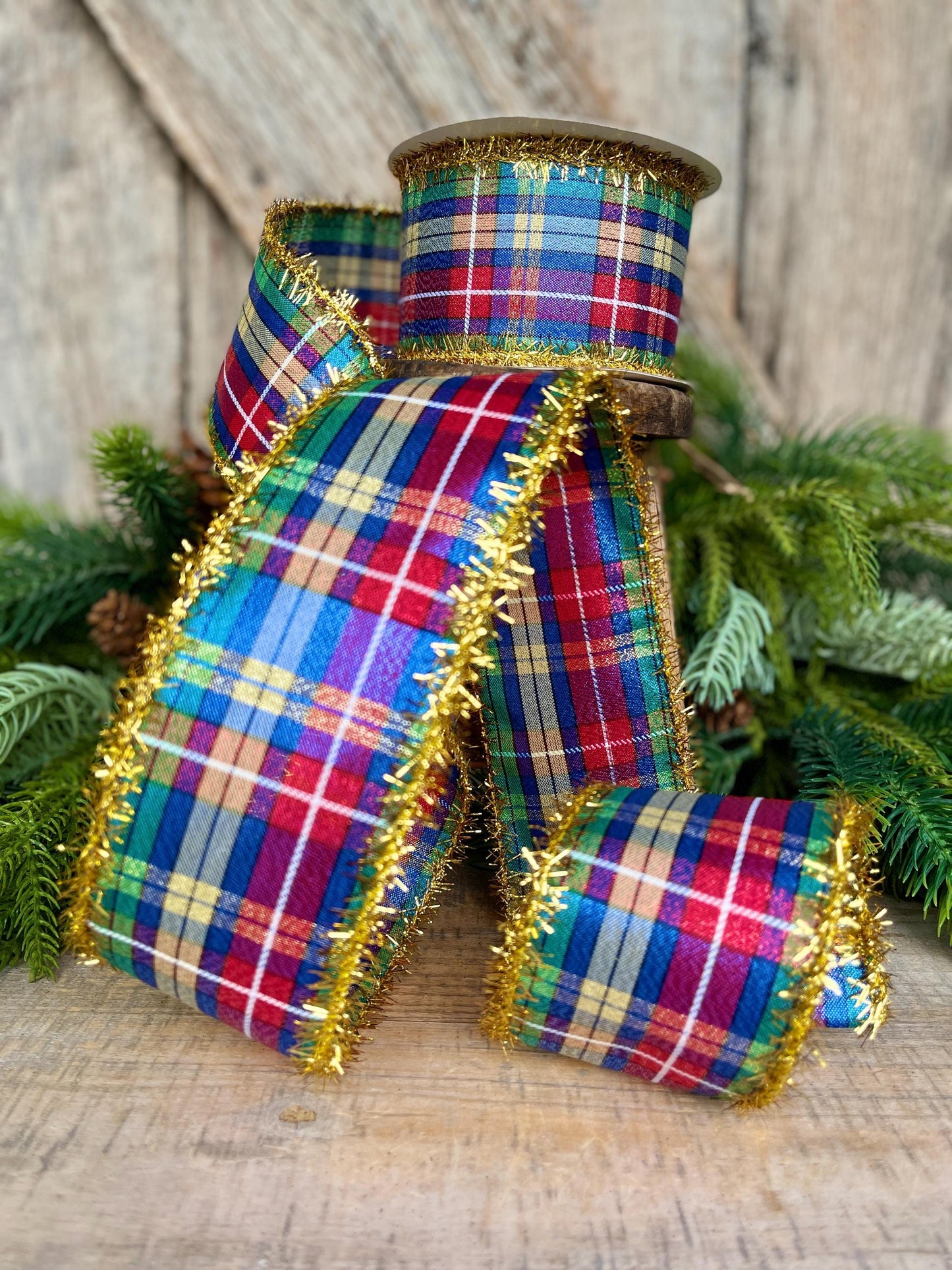 2.5" Blue Metallic Christmas Plaid Ribbon, Plaid Ribbon, Red Blue Green Gold Georgina Plaid Ribbon