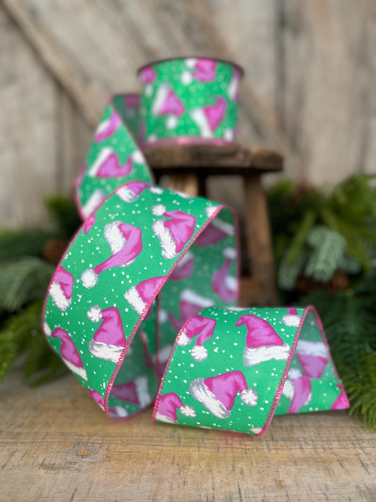 2.5" Pink Santa Hat Ribbon, Mint & Pink Ribbon, Christmas Ribbon
