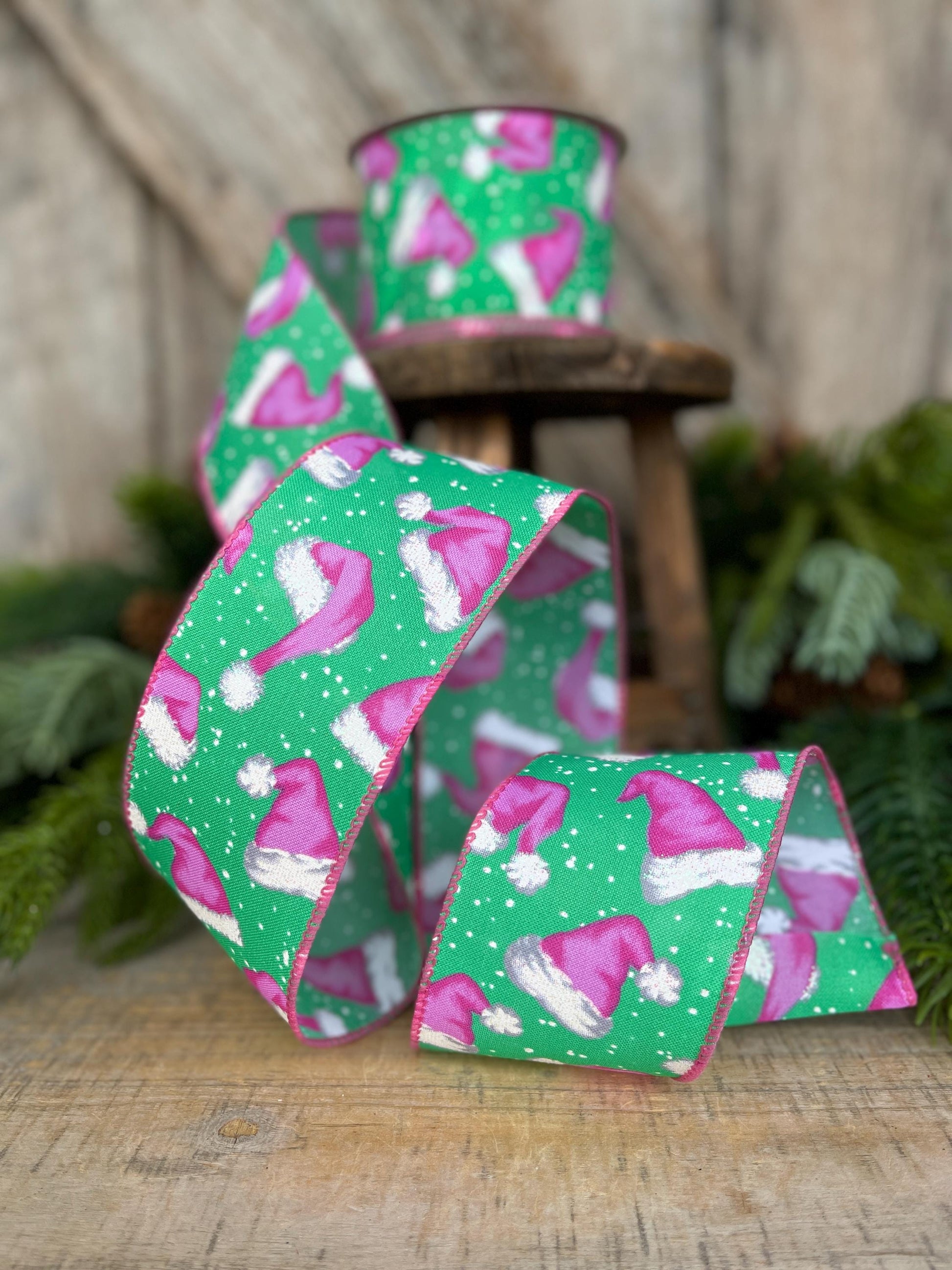 2.5" Pink Santa Hat Ribbon, Mint & Pink Ribbon, Christmas Ribbon