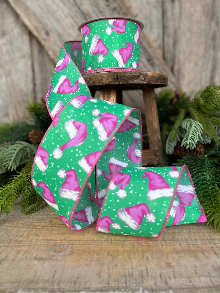 2.5" Pink Santa Hat Ribbon, Mint &amp; Pink Ribbon, Christmas Ribbon
