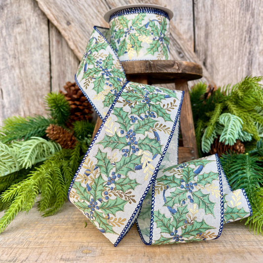2.5" Holly Leaf Ribbon, Blueberry Pine Ribbon, Wired Ribbon, Christmas Ribbon, Woodsy Ribbon, 72554-40-05