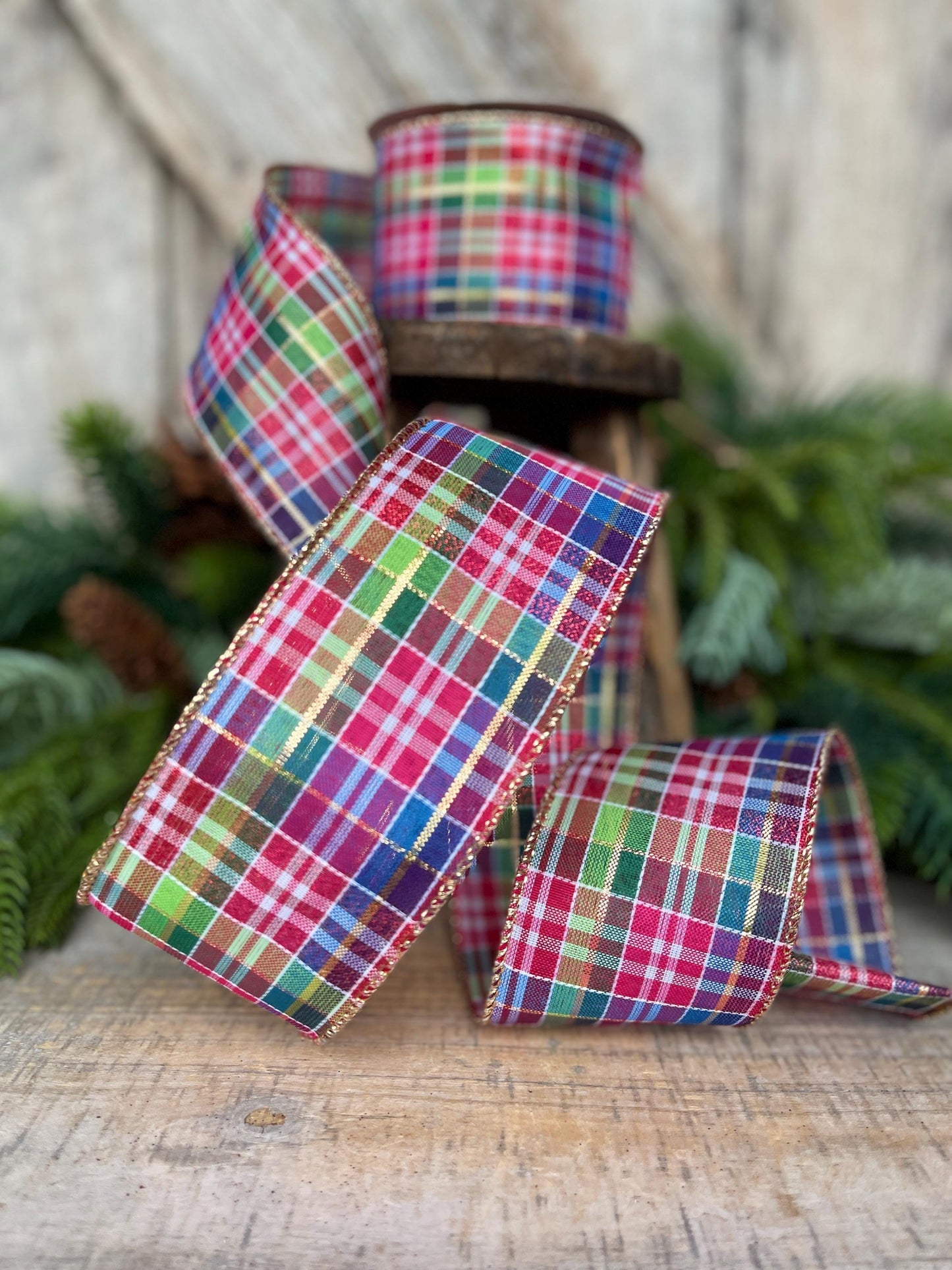 2.5" Pink Christmas Plaid Ribbon, Bright Christmas Plaid Ribbon, Pink Blue Christmas Plaid