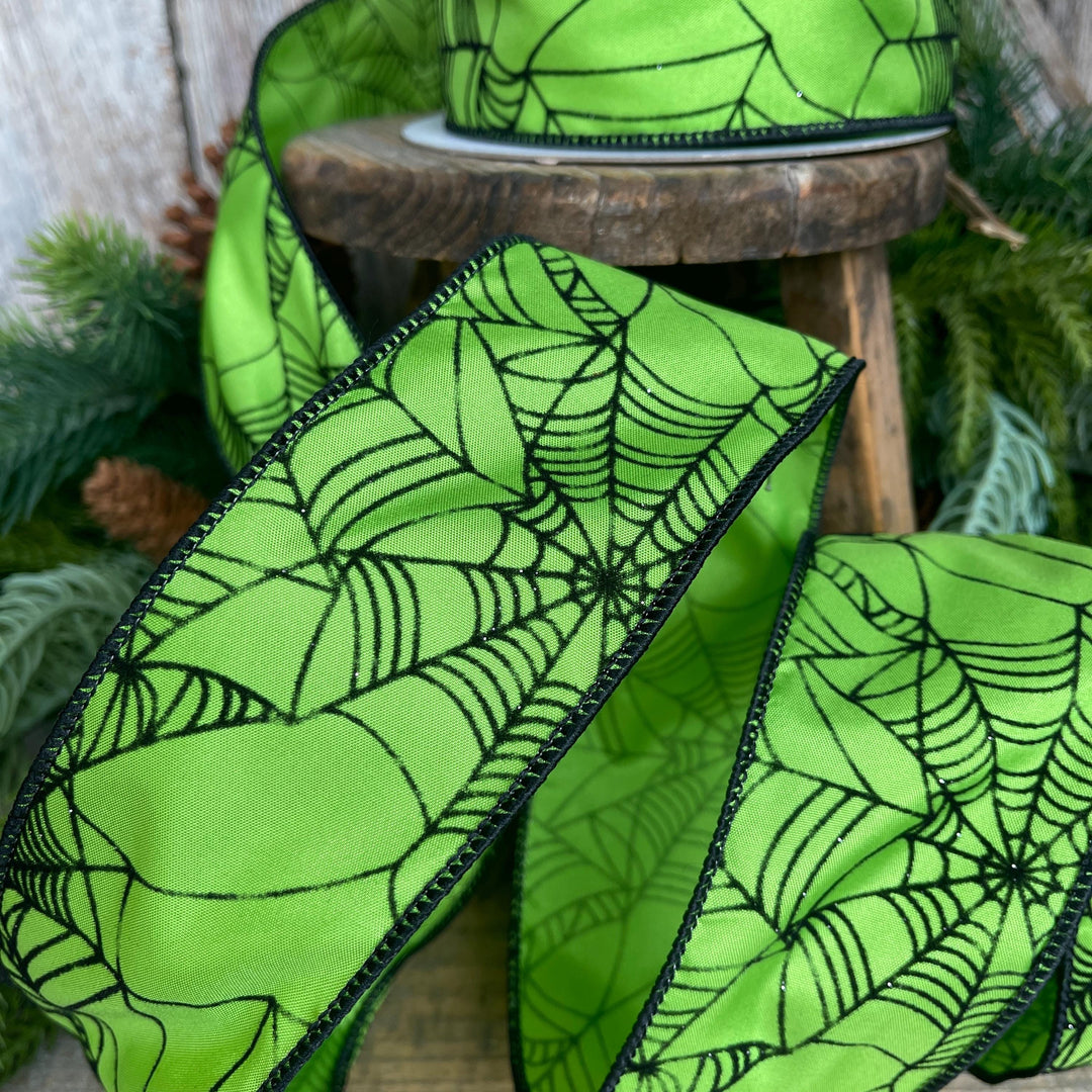 Lime Green Spider Web Ribbon - Wired Halloween Decor, 2.5"