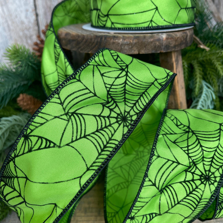 Lime Green Spider Web Ribbon - Wired Halloween Decor, 2.5"