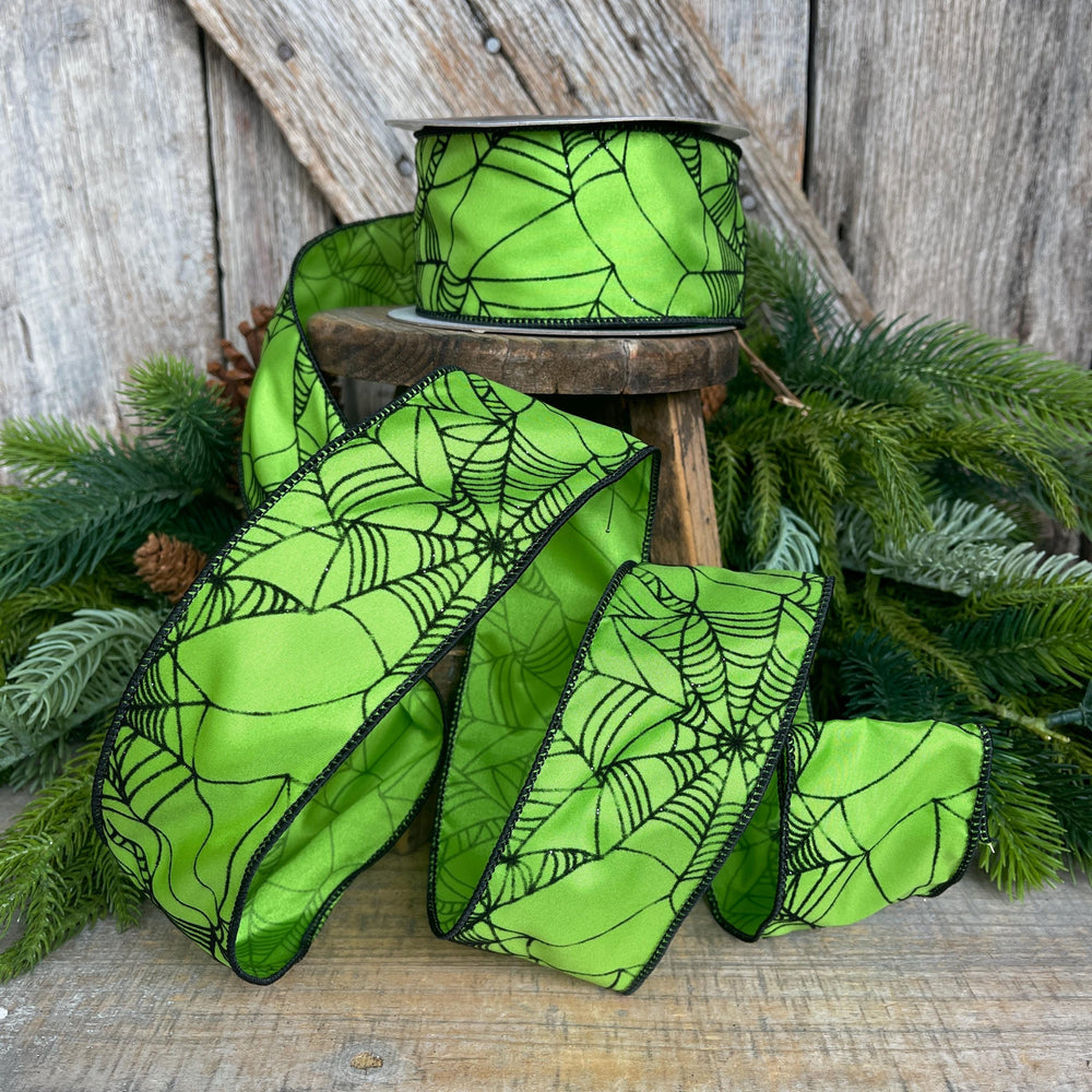 Lime Green Spider Web Ribbon - Wired Halloween Decor, 2.5"