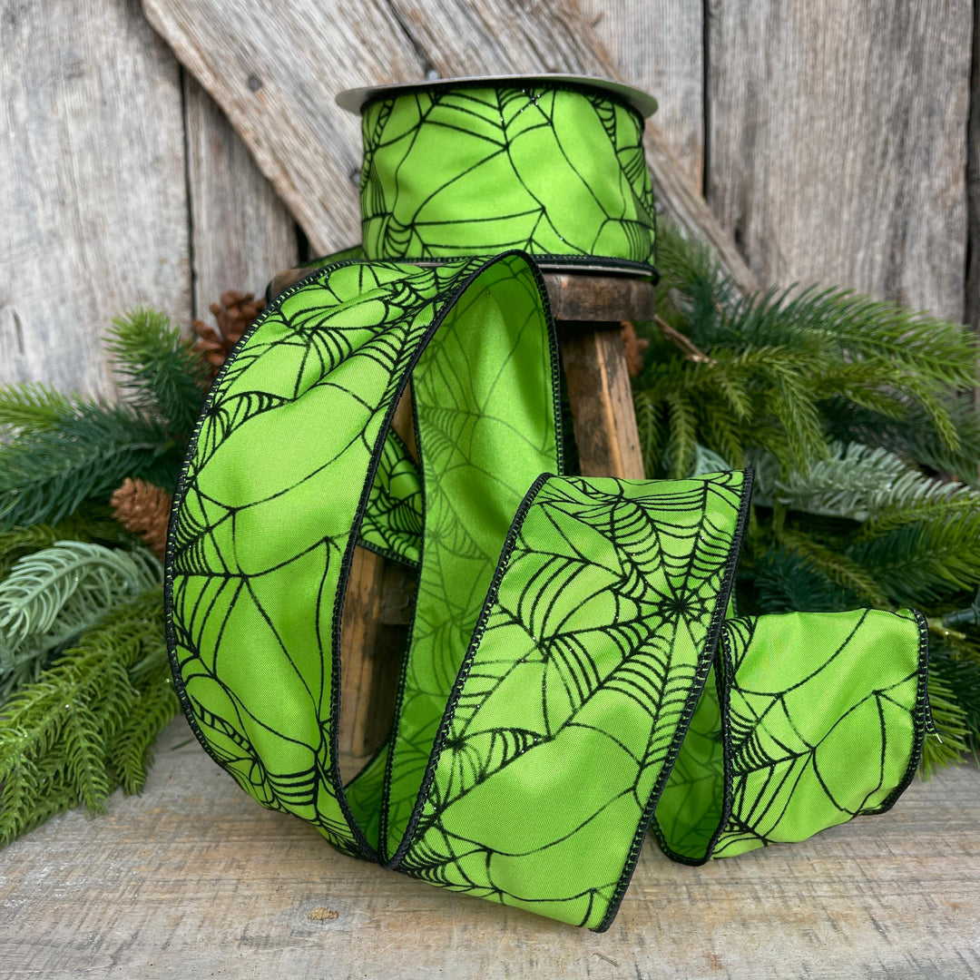 Lime Green Spider Web Ribbon - Wired Halloween Decor, 2.5"