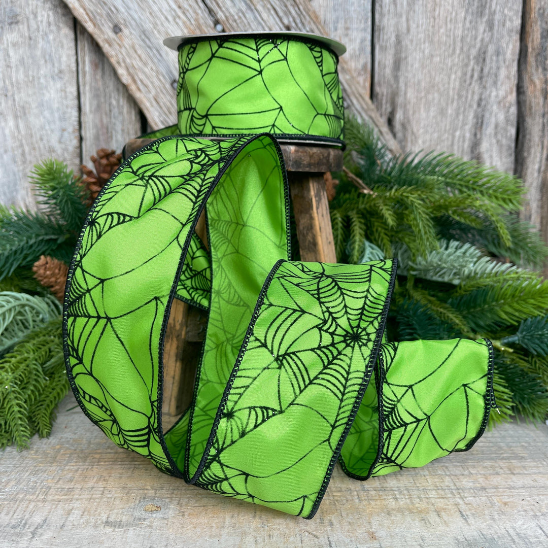 Lime Green Spider Web Ribbon - Wired Halloween Decor, 2.5"