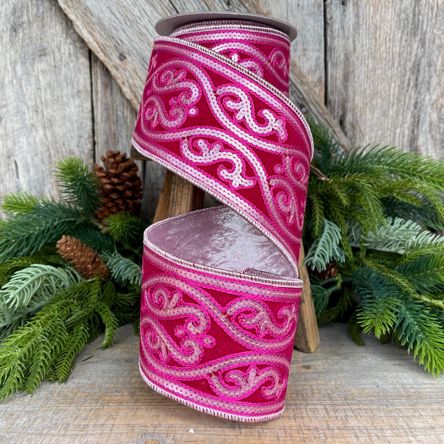 4" Hot Pink Sequin Ribbon, Farrisilk Ribbon, Morris Tapestry Ribbon