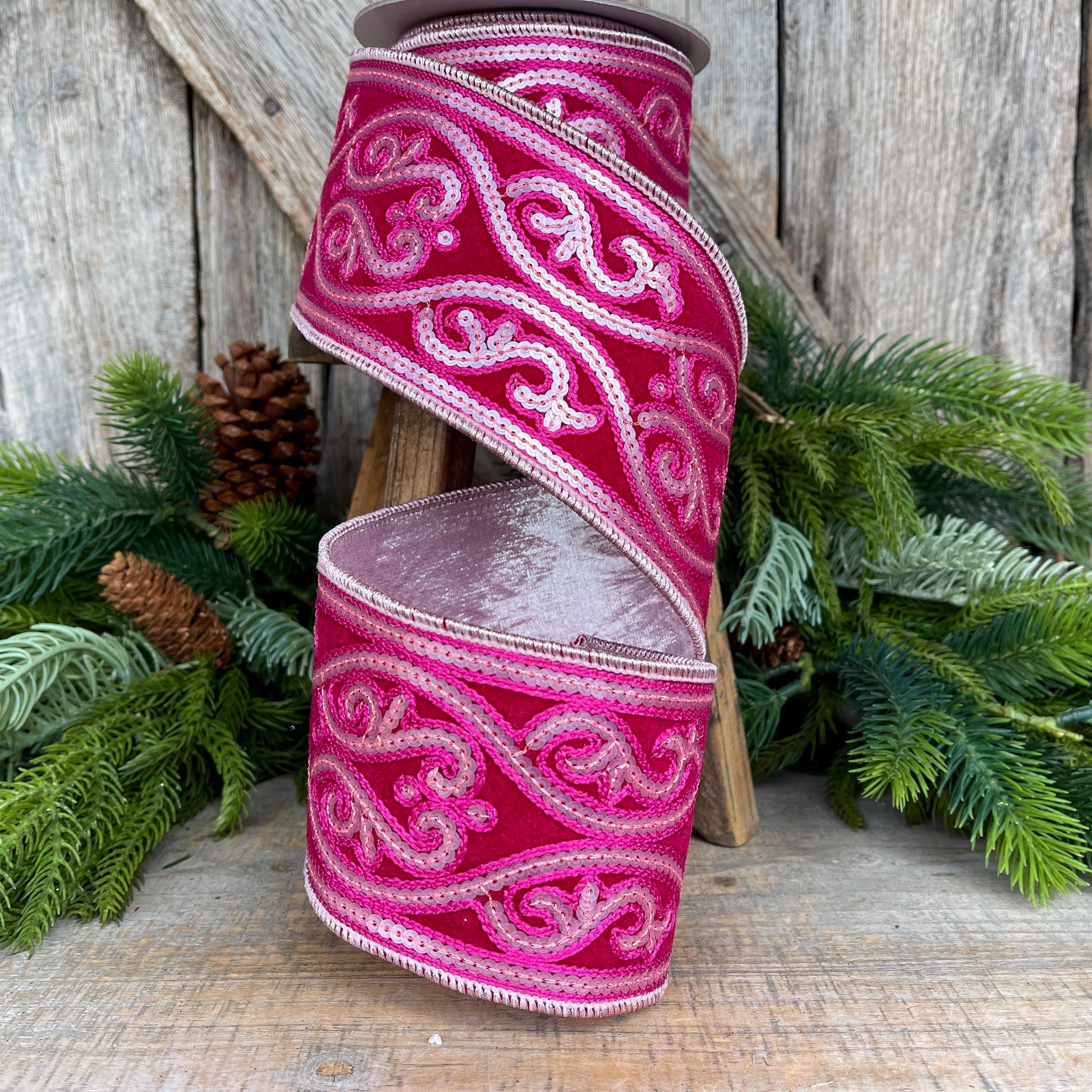 4" Hot Pink Sequin Ribbon, Farrisilk Ribbon, Morris Tapestry Ribbon