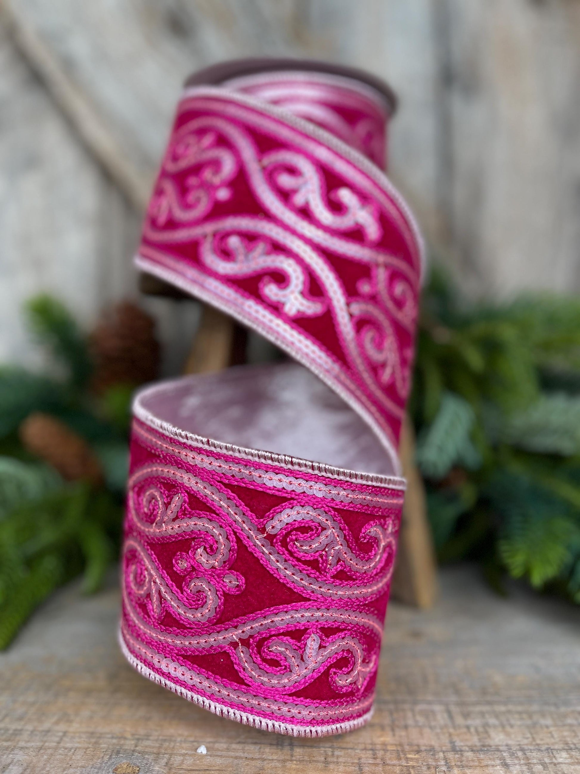 4" Hot Pink Sequin Ribbon, Farrisilk Ribbon, Morris Tapestry Ribbon