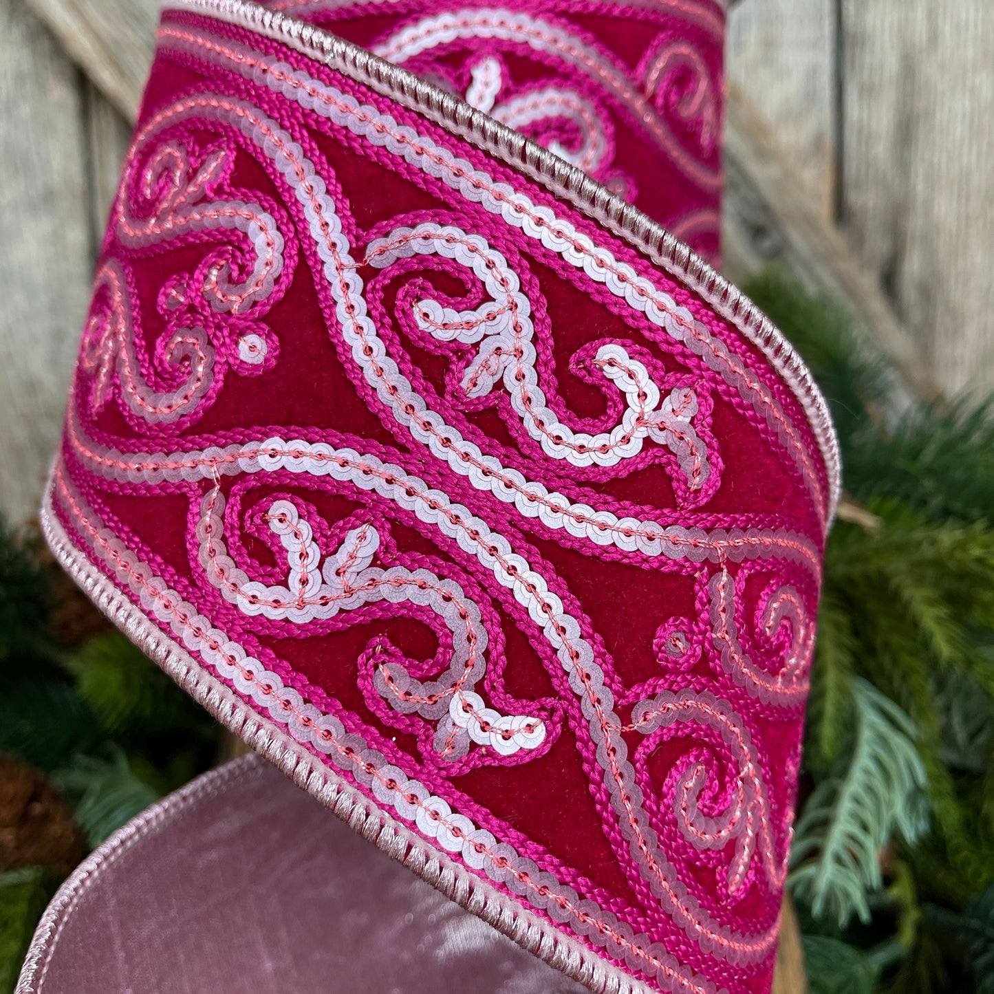 4" Hot Pink Sequin Ribbon, Farrisilk Ribbon, Morris Tapestry Ribbon