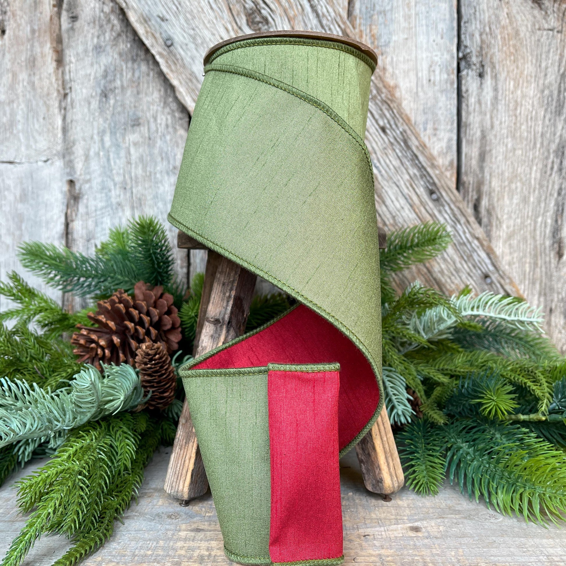 4" Red Moss Green Dupion Ribbon, Christmas Ribbon, Double Sided Ribbon